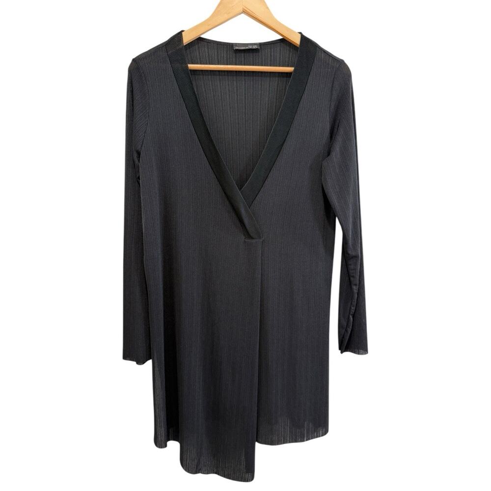 Zara Black Semi Sheer Asymmetrical Tunic Top Size L Front Slit V Neck Ribbed